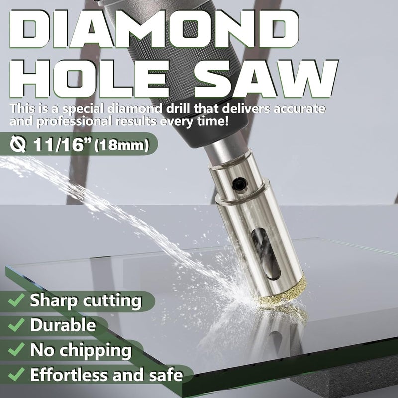CSOOM 2PCS 11/16"(18mm) Diamond Hole Saw with Center Drill Bit, One-Touch Positioning, Easy to Penetrate Hard Materials Such as Ceramic, Tile, Glass, Granite, Marble, etc. - Image 3